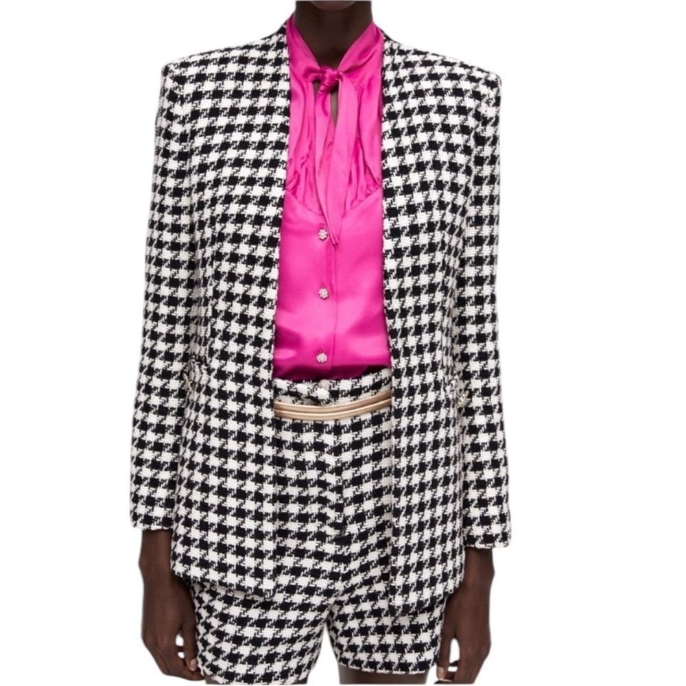 Zara Houndstooth Blazer Black White Textured Structured Jacket Size S
